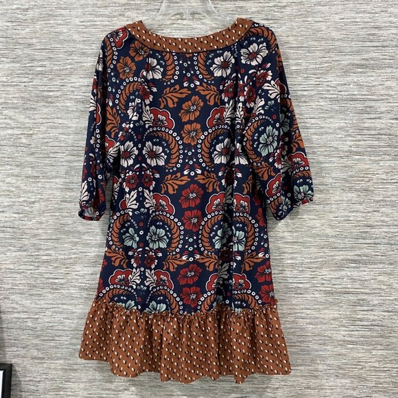 Joy Joy Womens Multicolor Boho Floral Print Dress With 3/4 Sleeves & Ruffle Hem - Picture 6 of 6